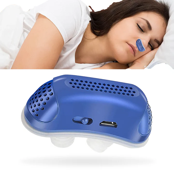 "Kompakt mikro CPAP-enhet i blått, rødt eller hvitt for snorking, laget av medisinsk silikon, ideell for reiser."