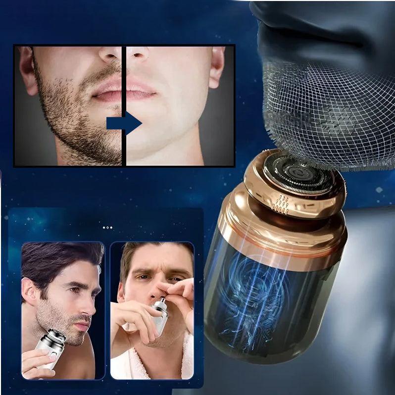 "Kompakt mini bærbar barbermaskin i stilrent design med effektive dobbelringmeshblader for perfekt barbering."