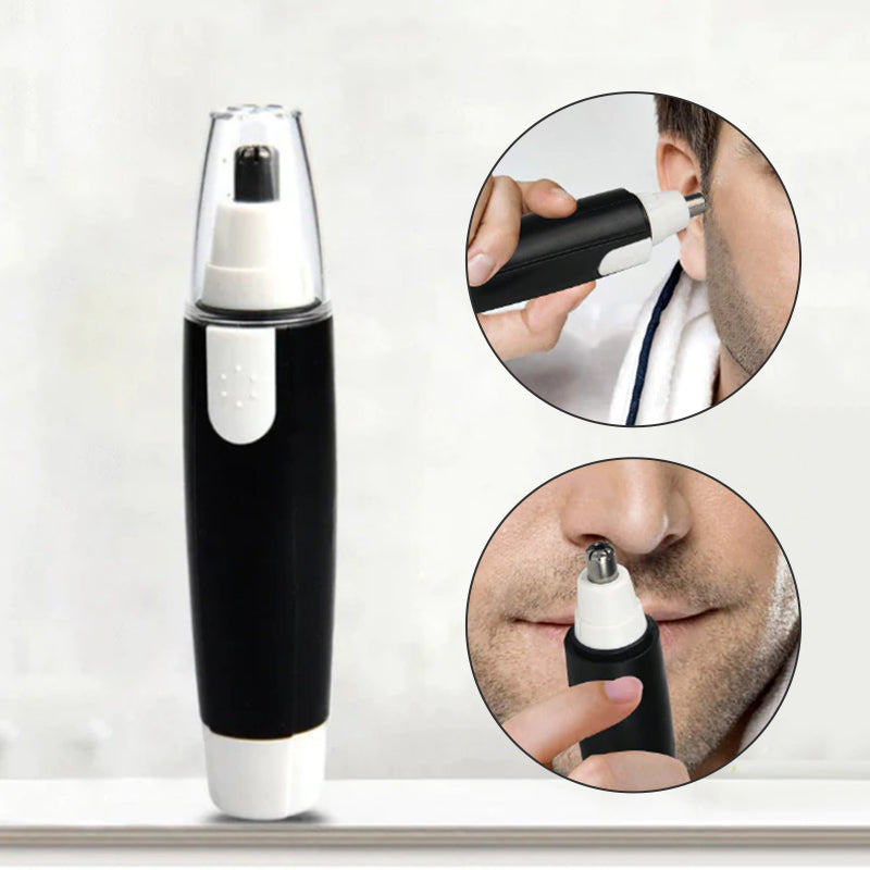 "Kompakt nese- og ørehårtrimmer i elegant svart for presis og smertefri grooming, ideell til daglig og reisebruk."