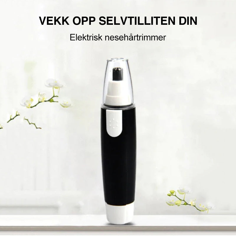 "Kompakt nese- og ørehårtrimmer i elegant svart for presis og smertefri grooming, ideell til daglig og reisebruk."
