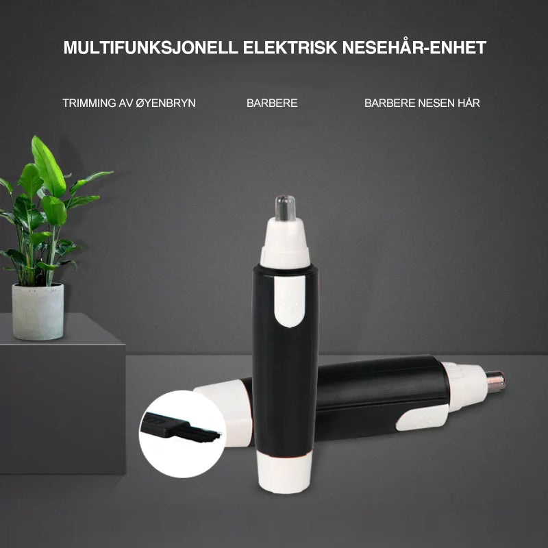 "Kompakt nese- og ørehårtrimmer i elegant svart for presis og smertefri grooming, ideell til daglig og reisebruk."