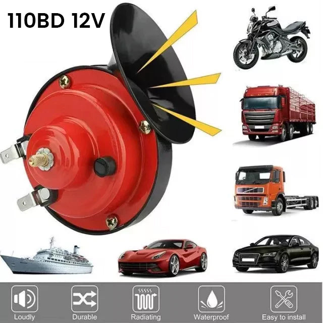 "Kompakt og kraftig bilhorn med svart-rød design, ekstrem lydstyrke, enkel installasjon, perfekt for biler og motorsykler."