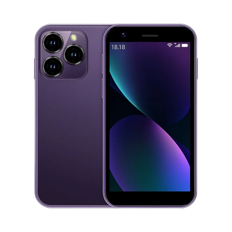 Elegant mini mobiltelefon i hånden, viser det kompakte designet og dual-SIM funksjonen, perfekt for på farten