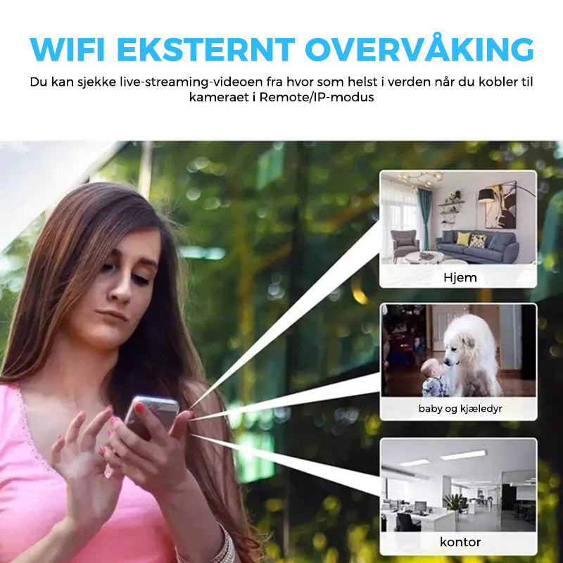 "Kompakt svart mini WIFI-kamera med 1080P HD, nattsyn og bevegelsesdeteksjon for hjem- og kontorsikkerhet."