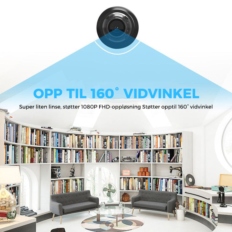 "Kompakt svart mini WIFI-kamera med 1080P HD, nattsyn og bevegelsesdeteksjon for hjem- og kontorsikkerhet."