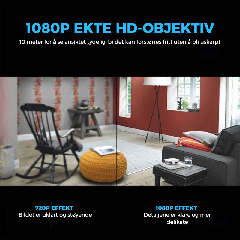 "Kompakt svart mini WIFI-kamera med 1080P HD, nattsyn og bevegelsesdeteksjon for hjem- og kontorsikkerhet."