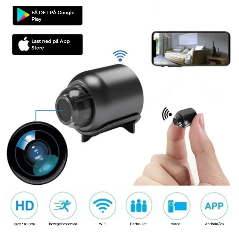 "Kompakt svart mini WIFI-kamera med 1080P HD, nattsyn og bevegelsesdeteksjon for hjem- og kontorsikkerhet."