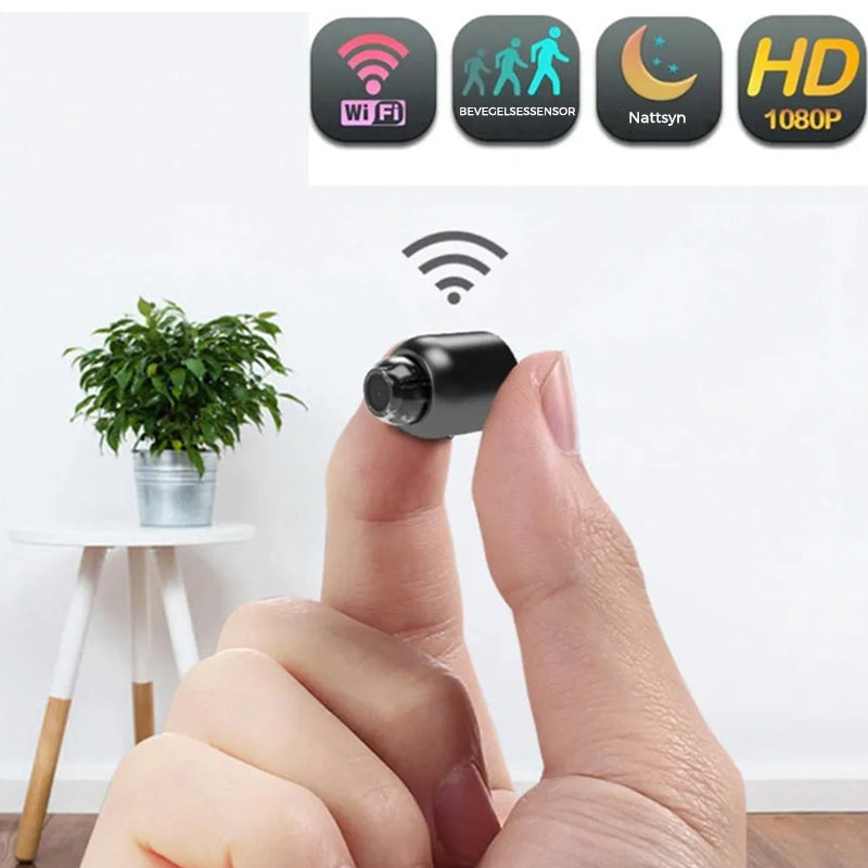 "Kompakt svart mini WIFI-kamera med 1080P HD, nattsyn og bevegelsesdeteksjon for hjem- og kontorsikkerhet."