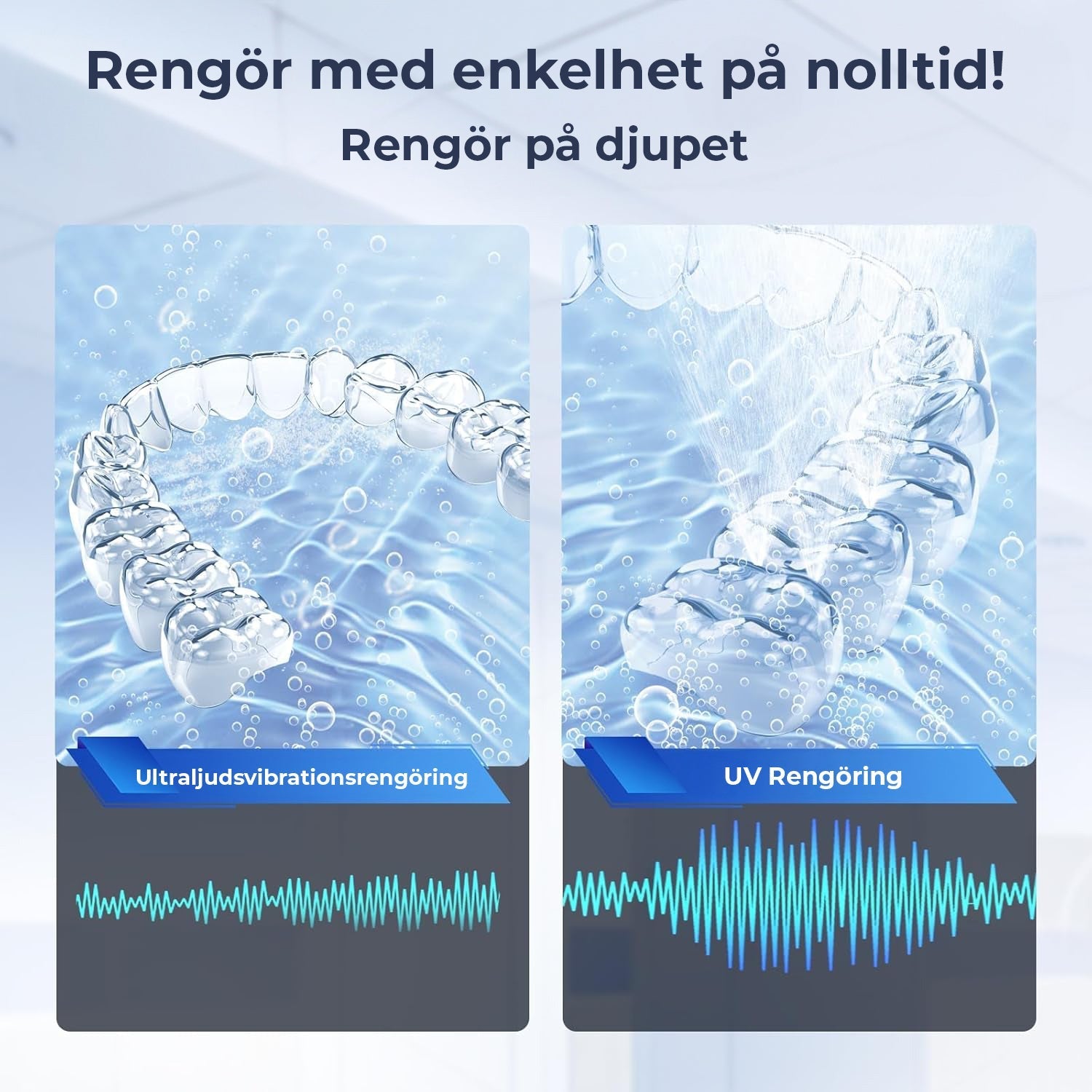 Nærbilde av kontrollpanel på ultralydrenser, med knapper for start og UV-sterilisering.