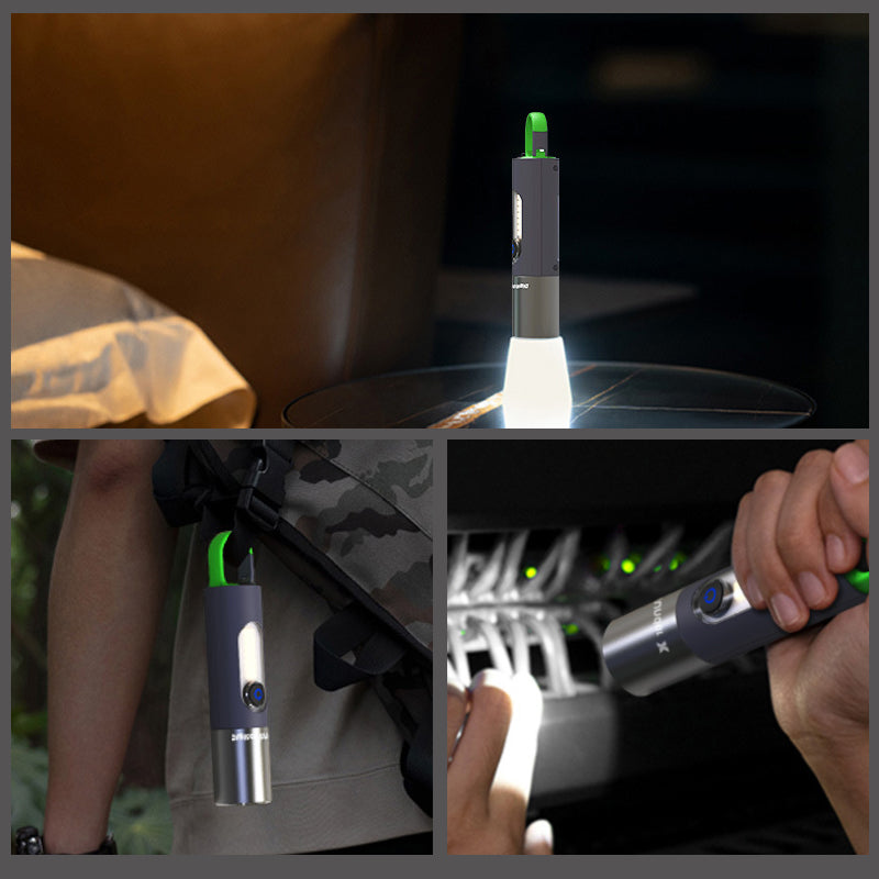 "Kompakt zoombar LED-lommelykt med 1000 lumen, USB-C lading, laget av anodisert aluminium for holdbarhet."