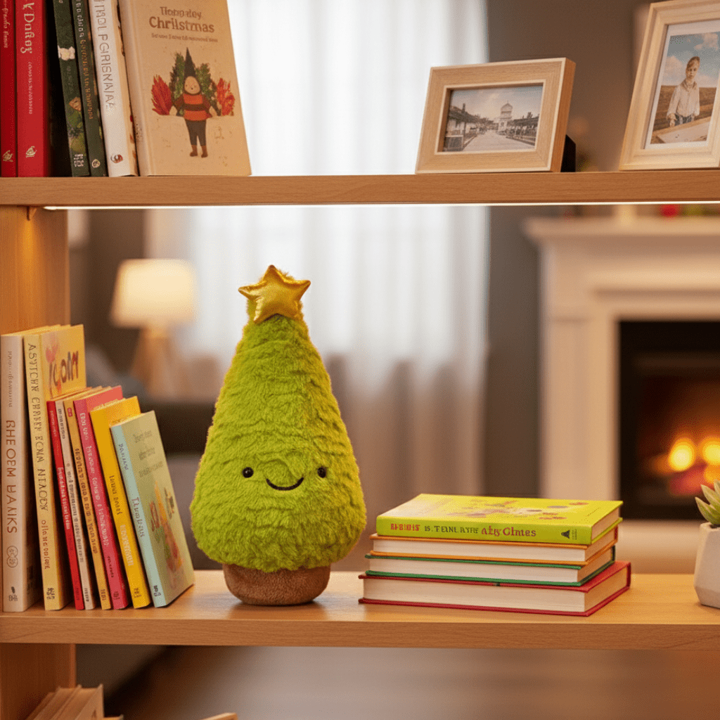 Detaljert bilde av en grønn plysj juletrefigur, en myk og hjertevarm julepynt for hjemmet.