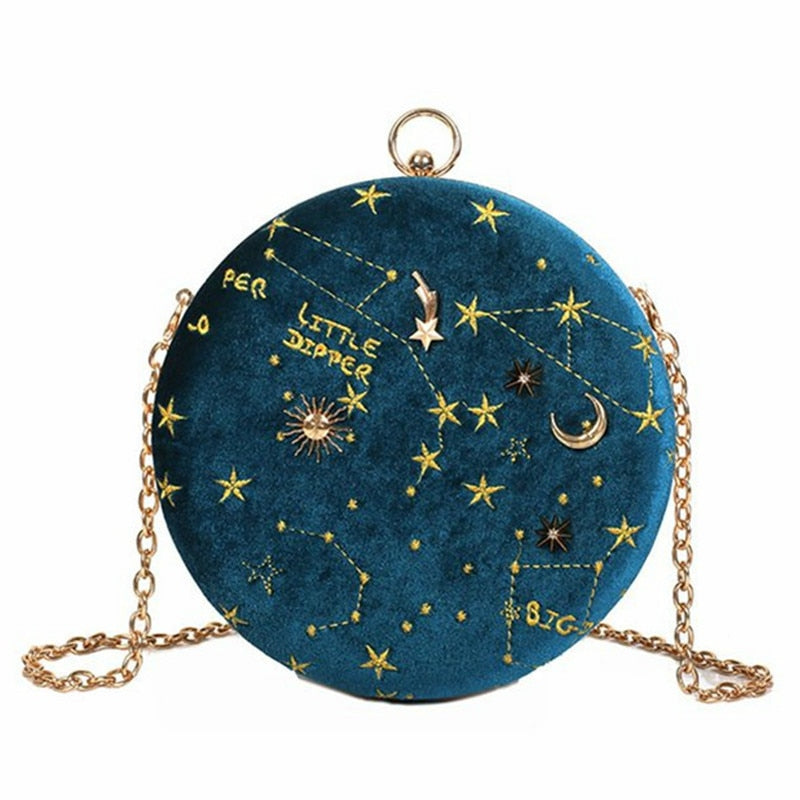 Kosmisk fløyelsveske med stjerne- og månedesign, perfekt som kvinneveske eller skulderveske, rund form, astrologi tilbehør