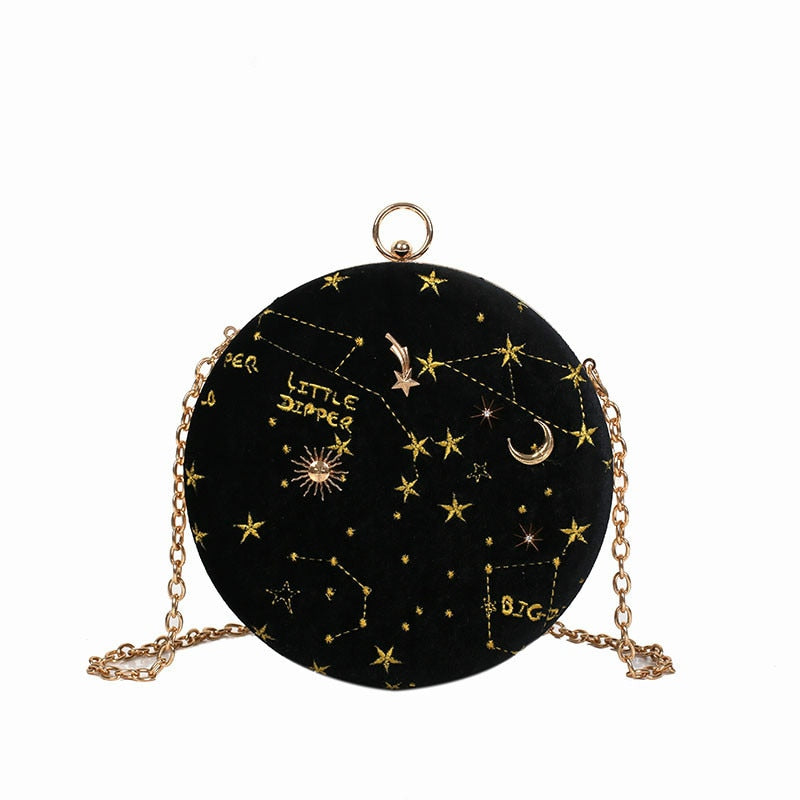 Elegant fløyels skulderveske for kvinner, dekorert med stjerner og måner, kosmisk design, fasjonabelt tilbehør