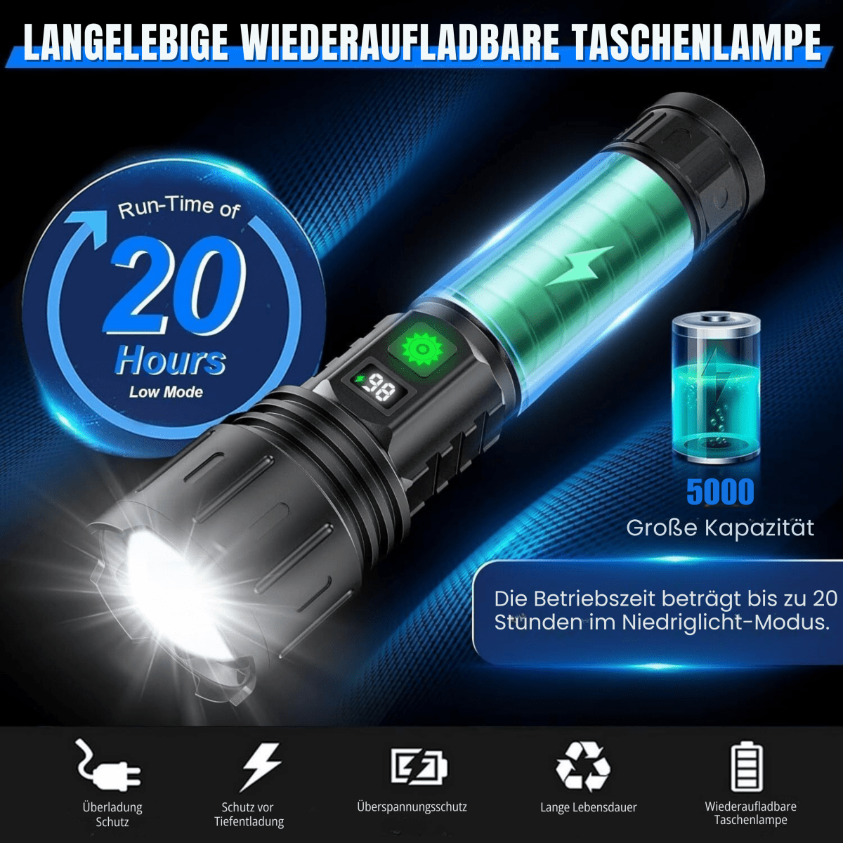 Oppladbar lommelykt 100 000 lumen med powerbank-funksjon, essensiell for utendørslys.