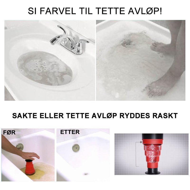 "Kraftig avløpsrenser med høytrykks vannstrøm for dusj og vask, fjerner blokkeringer uten kjemikalier, kompakt design."