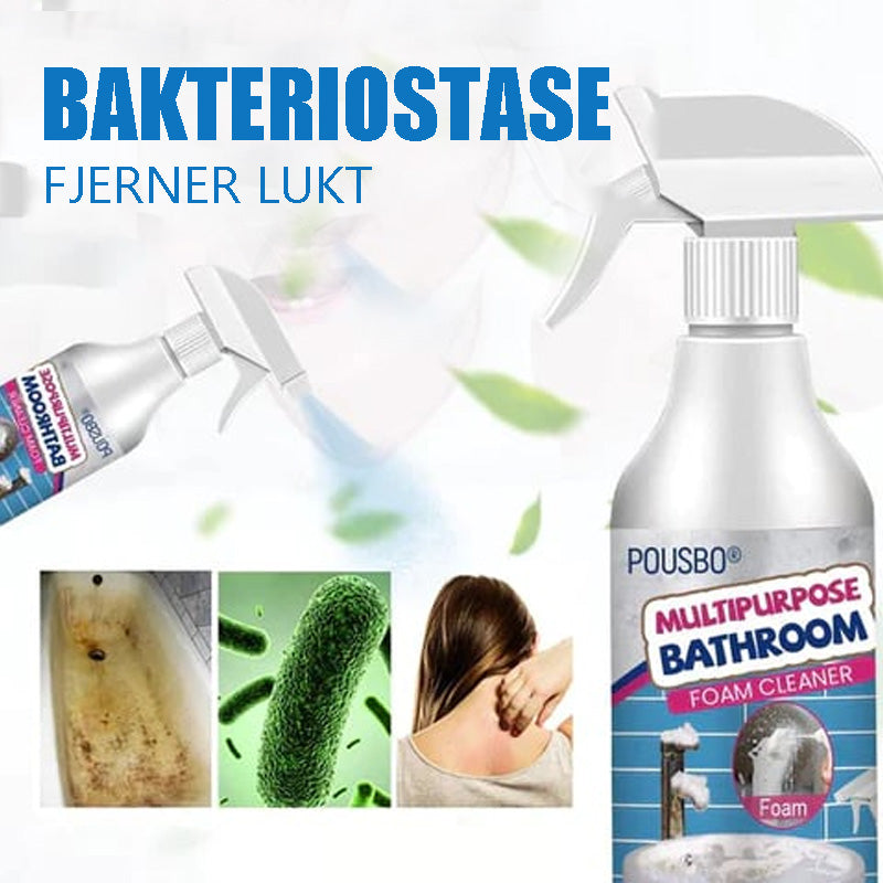 Kraftig flekkfjerner i moderne flaske, skummende formula, ideell for bad og kjøkken, effektiv mot smuss og bakterier.