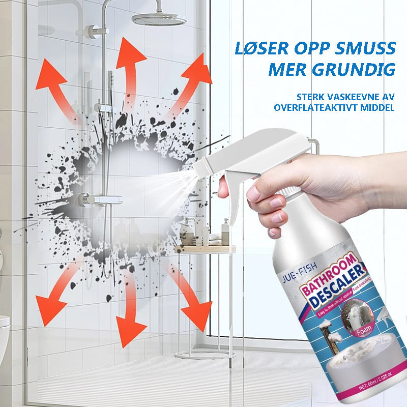 Kraftig flekkfjerner i moderne flaske, skummende formula, ideell for bad og kjøkken, effektiv mot smuss og bakterier.