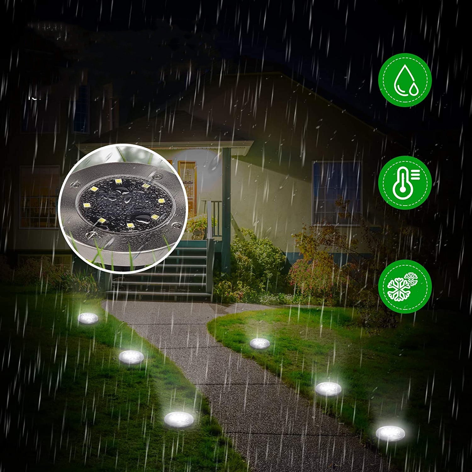 Nærbilde av solcelledrevet disklys med 8 LED, perfekt for innfelt hagebelysning. Utendørslys.