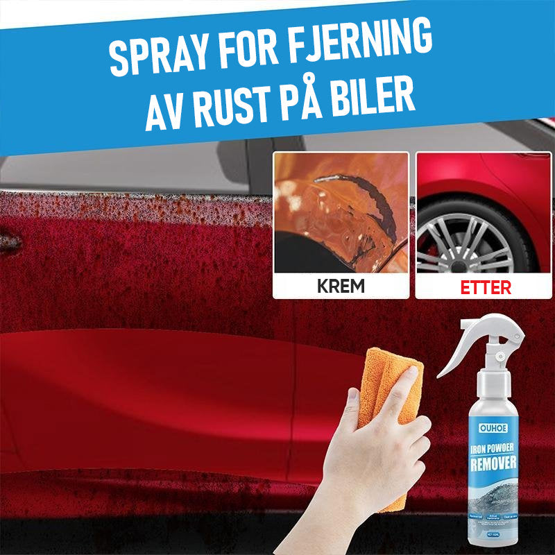 "Kraftig RustOut spray fjerner rust øyeblikkelig fra metalloverflate, gir skinnende glans og langvarig beskyttelse."