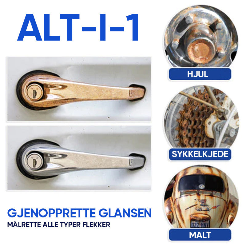 "Kraftig RustOut spray fjerner rust øyeblikkelig fra metalloverflate, gir skinnende glans og langvarig beskyttelse."