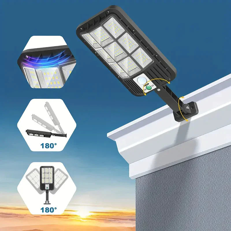 Utendørs LED flomlys med solcelle og bevegelsessensor, ideell for terrasse, garasje og hage.
