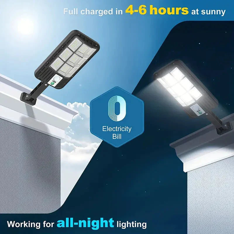 Kraftig 5000 lumen solcelle flomlys med bevegelsessensor, vanntett og energieffektiv for utebruk.