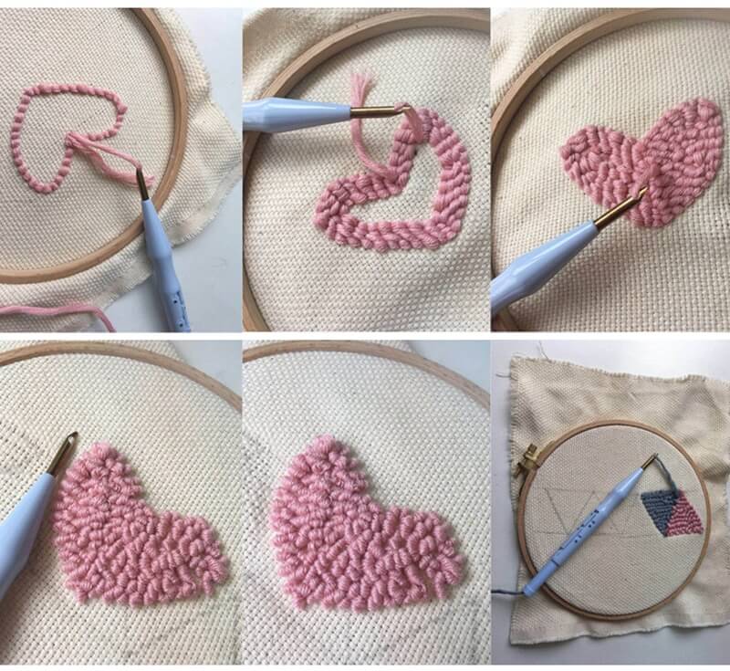 Fargerikt garn og punch nål klar for et livlig broderi. Inspirerende for hobby og kunst.