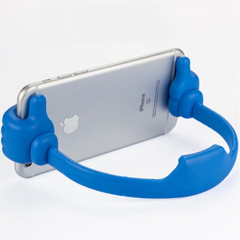 "Kreativ, justerbar mobilholder med tommel opp design. Passer smarttelefoner og nettbrett, tilgjengelig i flere farger."