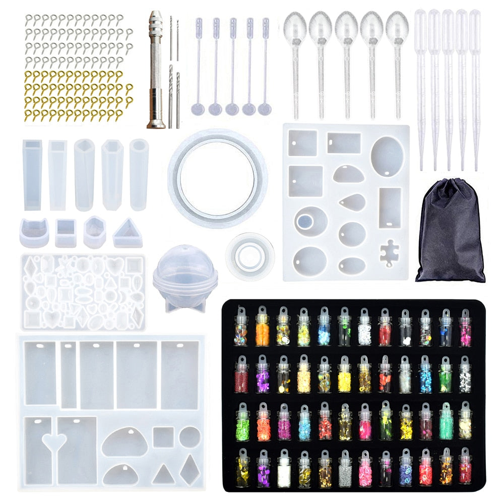 Kreativt DIY harpiksformsett for smykker med ulike silikonformer, perfekt for unike anheng og armbånd.