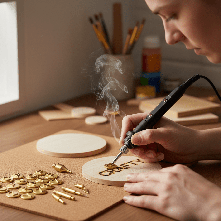 Person graverer detaljert mønster på tre med Kreativt Graveringssett, ideelt for vedbrenning og trekunst.
