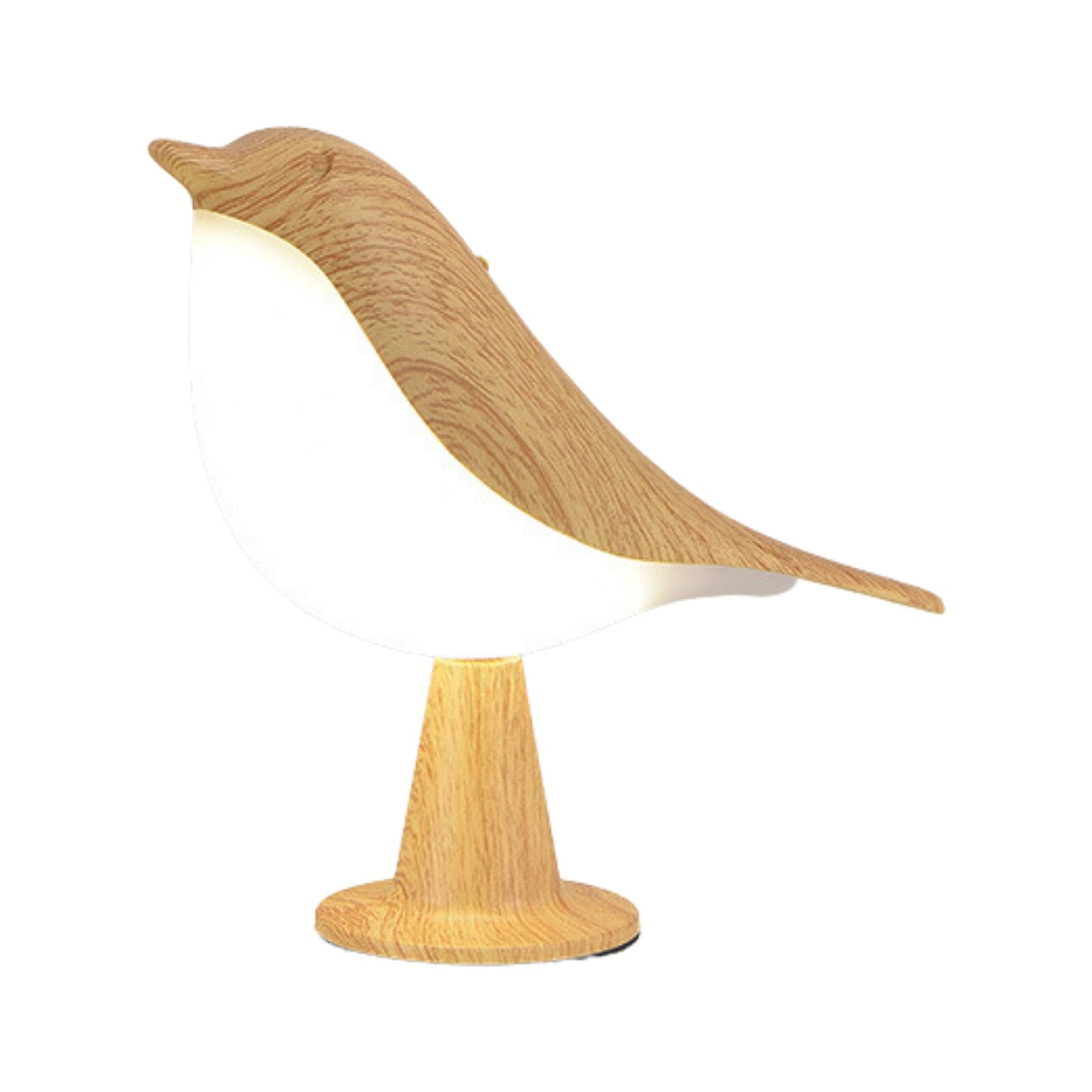 "Kremhvit fuglelampe med elegant design og LED-lys, ideell for moderne interiør, står på solid base."