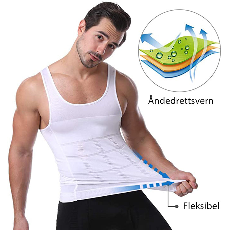 "Kroppsformende vest for menn, frontvisning. Komfortabel, pustende og elastisk for daglig bruk."