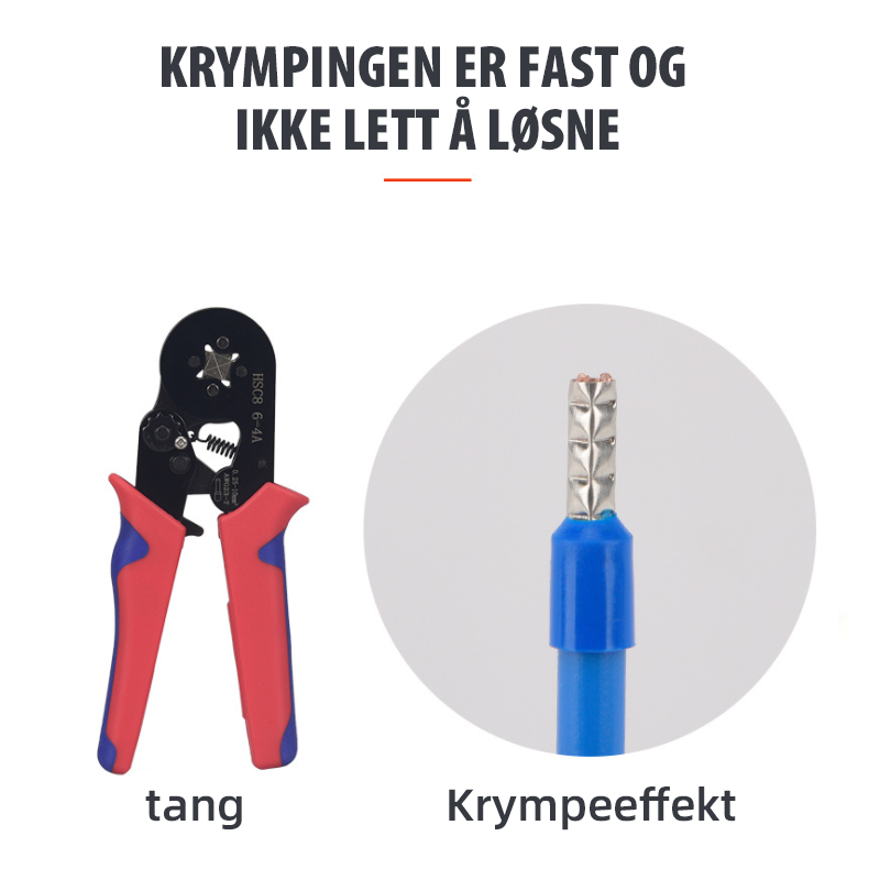 Krympeverktøysett med ergonomisk håndtak, robust materiale, presis kjevesystem, ideelt for vaier og ledninger.