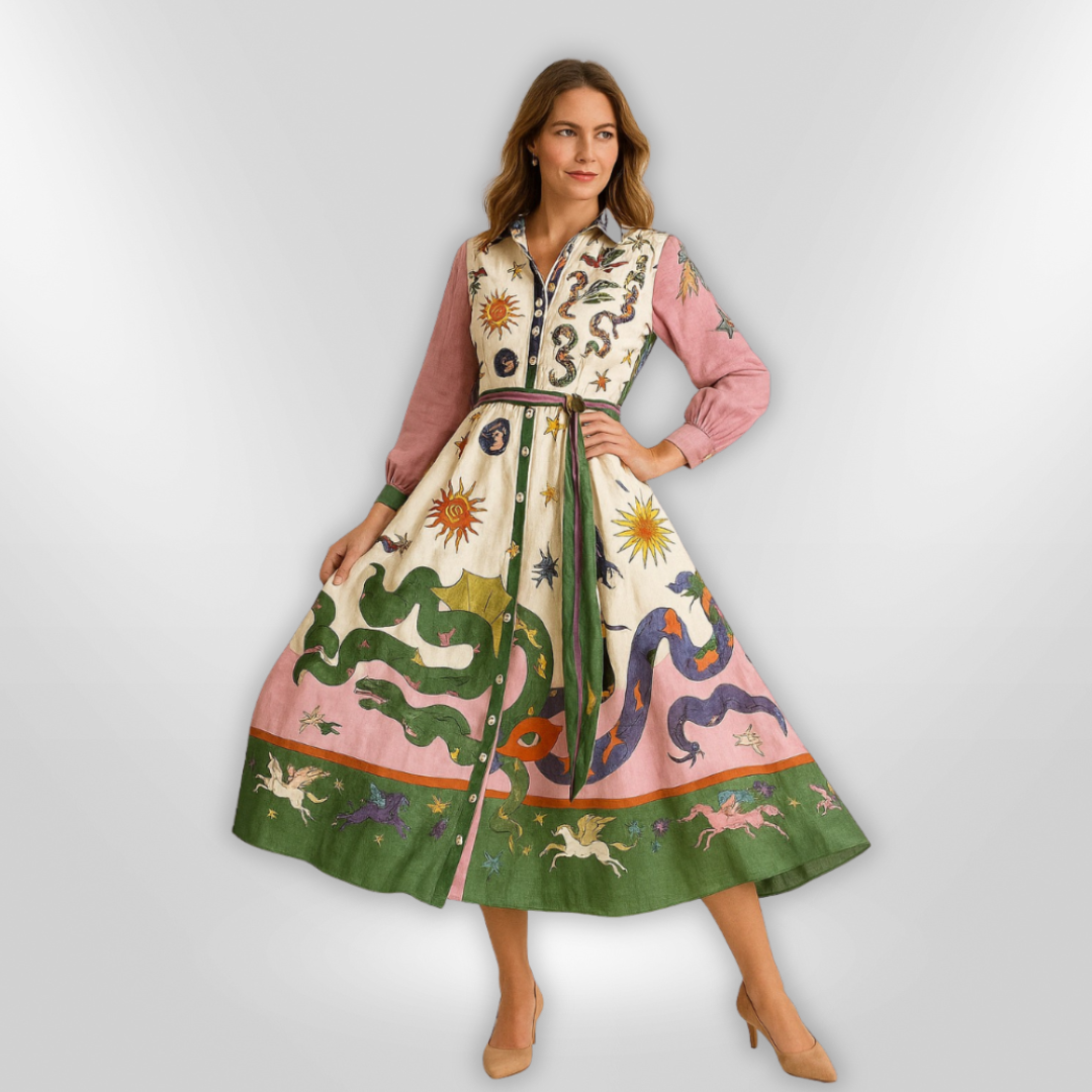 Mønstret elegant maxikjole for kvinner med voluminøse ermer og belte, ideell som festkjole.