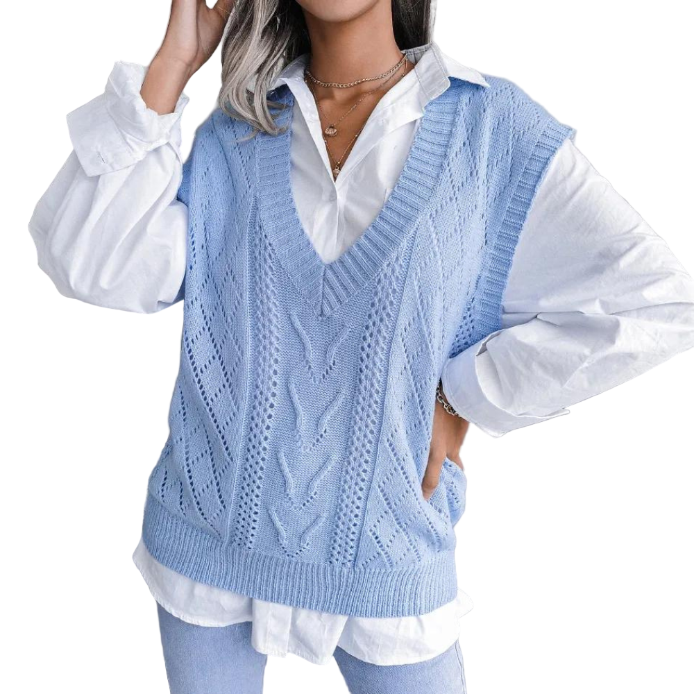Kvinne strikkvest i moderne design, perfekt for stilfulle lag-på-lag antrekk vår og høst. Komfortabel damevest.