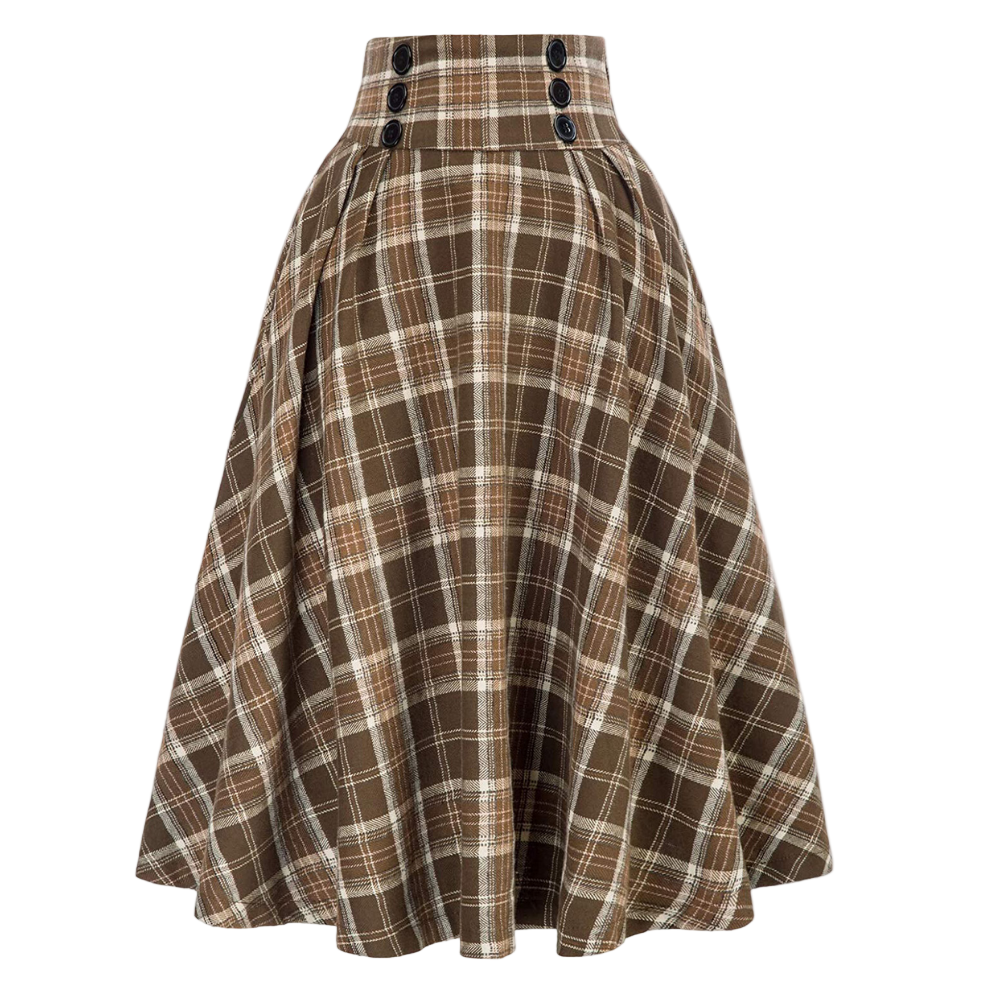 Kvinne ternet midi skjørt med høy talje, elegant og klassisk design for høst og vinter.