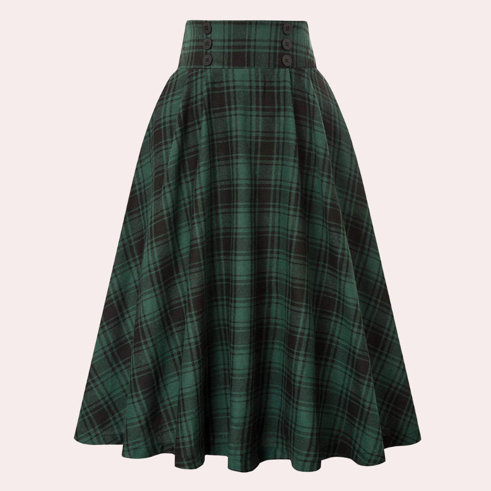 Kvinne ternet A-linje skjørt, midi lengde og høy talje, for en moderne og stilig look.