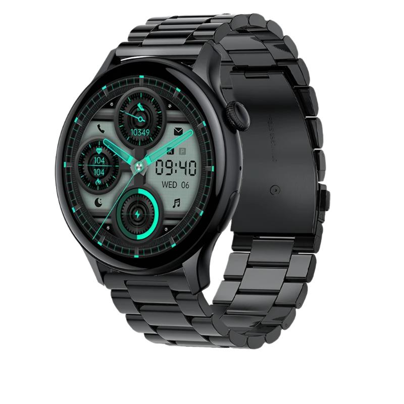 Sølv smartklokke til dame med mesh-lenke, AMOLED-display og fitnessfunksjoner.