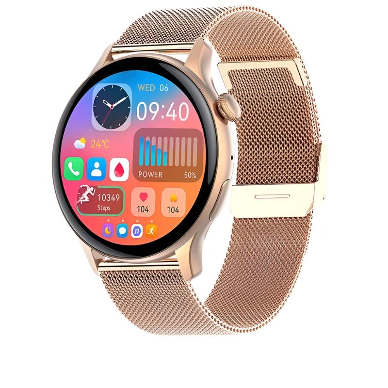 Svart dame smartklokke med gummi-reim, AMOLED, pulsmåler og søvnsporing.