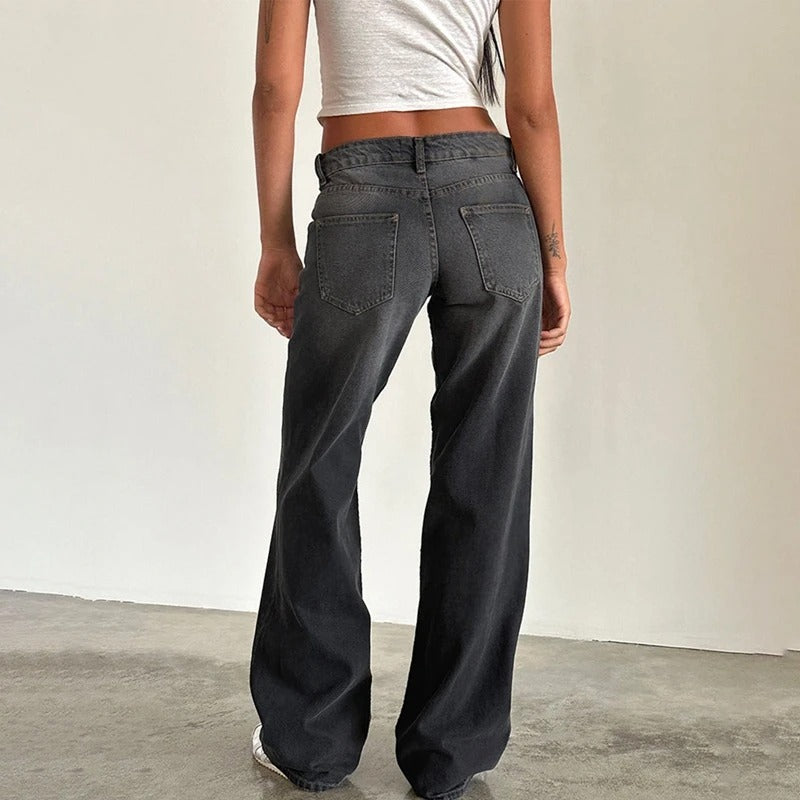 Kvinner lav midje boyfriend-jeans med vide, baggy ben i vintage-inspirert denim for fritid og mote.