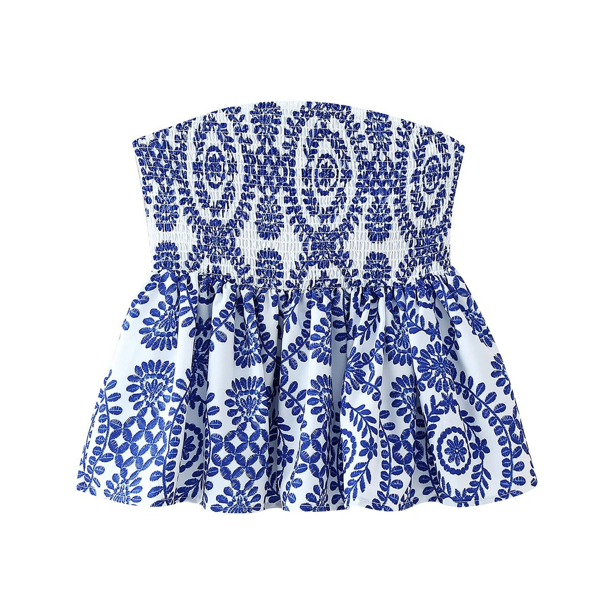 Kvinner blomstret volang croptop for sommeren. Komfortabel stroppeløs topp med blomstermønster.