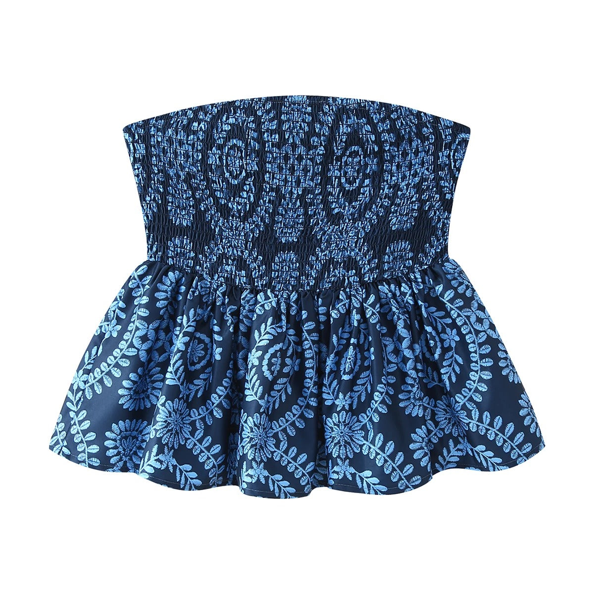 Elegant stroppeløs croptop for kvinner med levende blomsterprint og volangdetaljer.