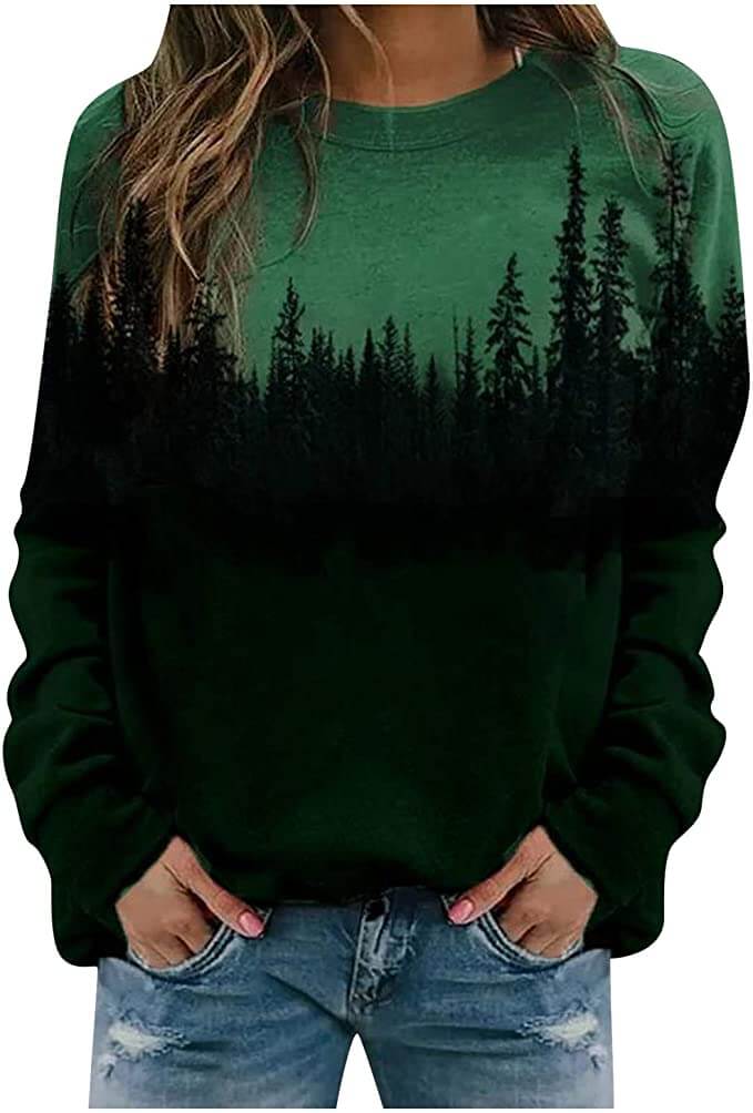 Kvinner genser med fjelltrykk, myk og komfortabel. Trendy langermet pullover for hverdag og fritid.