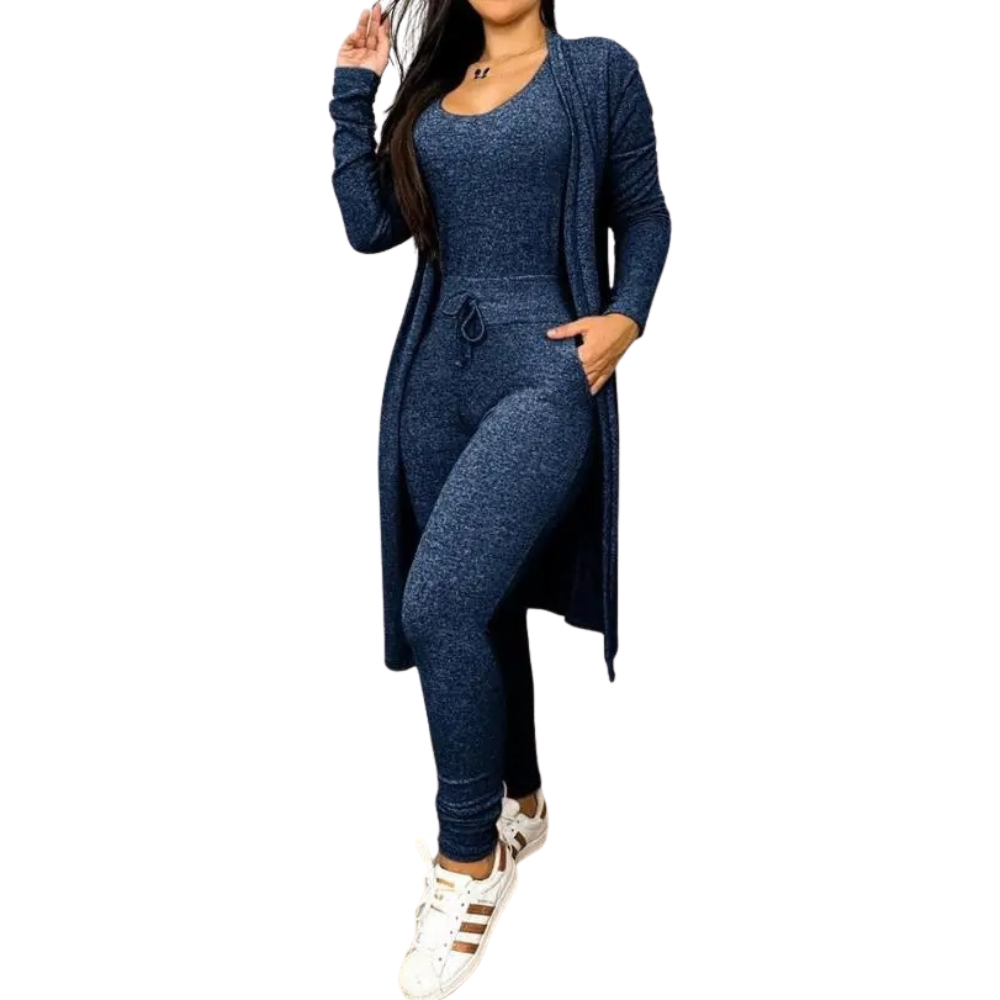 Kvinner jumpsuit og kåpesett med snøring. Elegant todelt antrekk for enhver anledning.