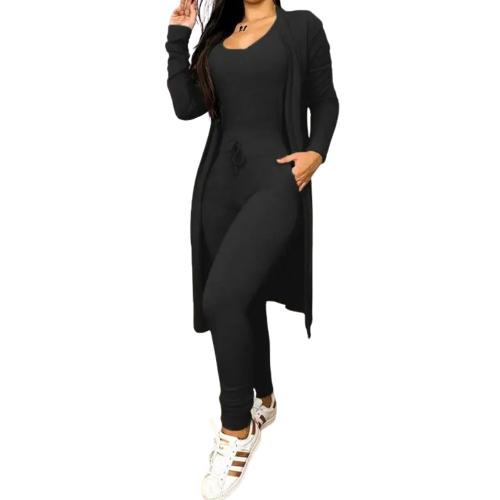 Todelt kvinner antrekk: Snøring jumpsuit med lange ben og matchende elegant kåpe.