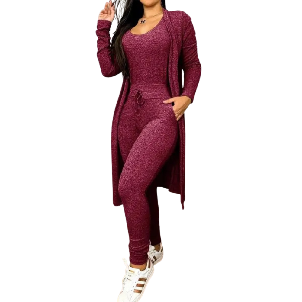 Komfortabel og allsidig kvinner jumpsuit og kåpe. Todelt sett med snøring for mote.