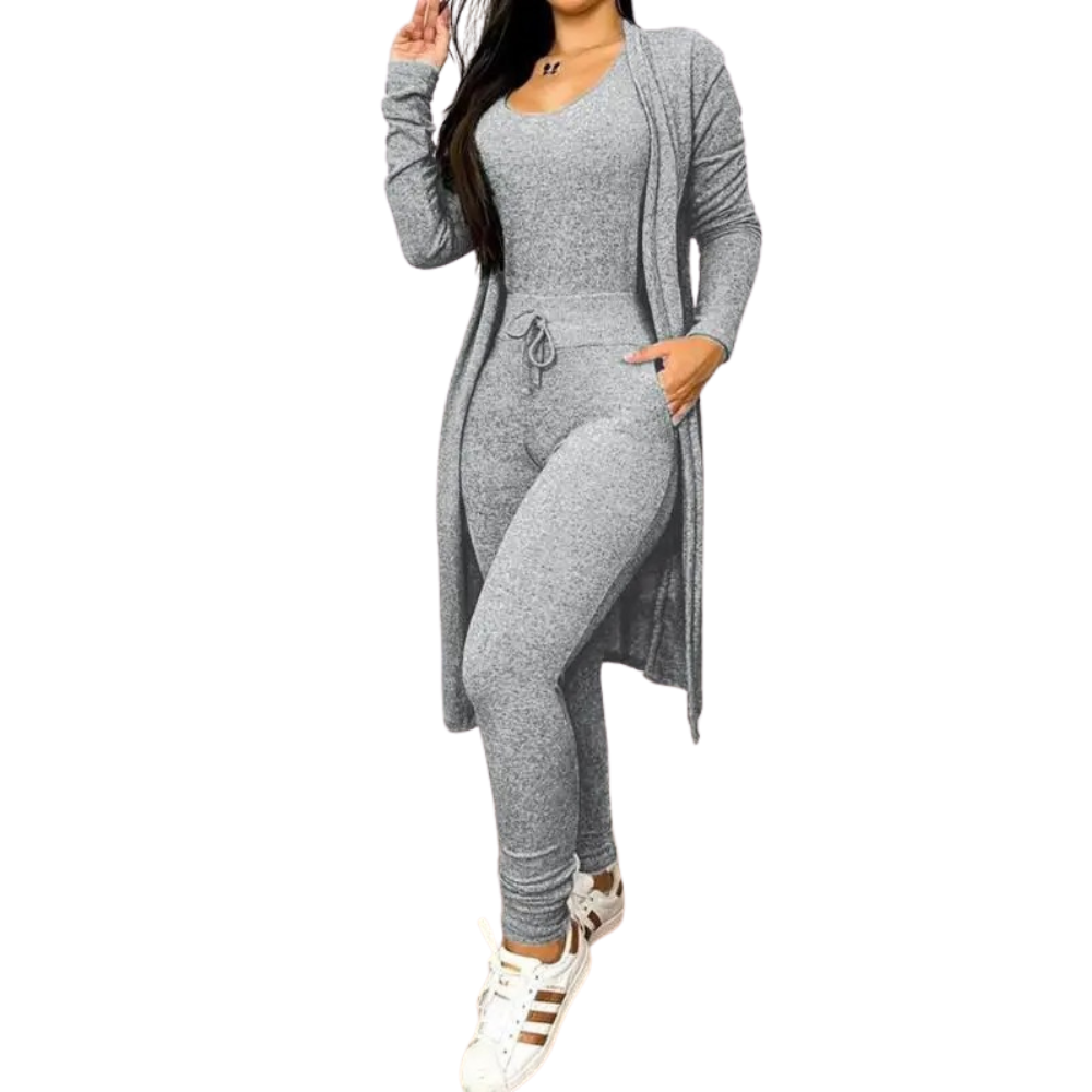 Stilig todelt sett for kvinner: Lang jumpsuit med snøring i midjen og matchende elegant kåpe.