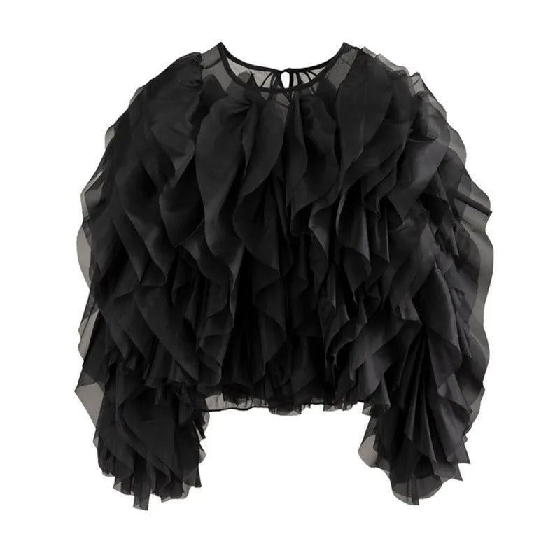 Kvinner volangerskjorte med O-hals, elegant og komfortabel bluse for dame, casual sommerlook.