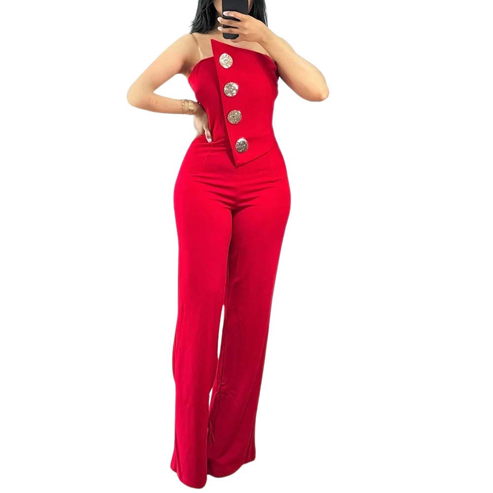 Kvinners asymmetrisk bandeau-jumpsuit, elegant og moderne festantrekk.
