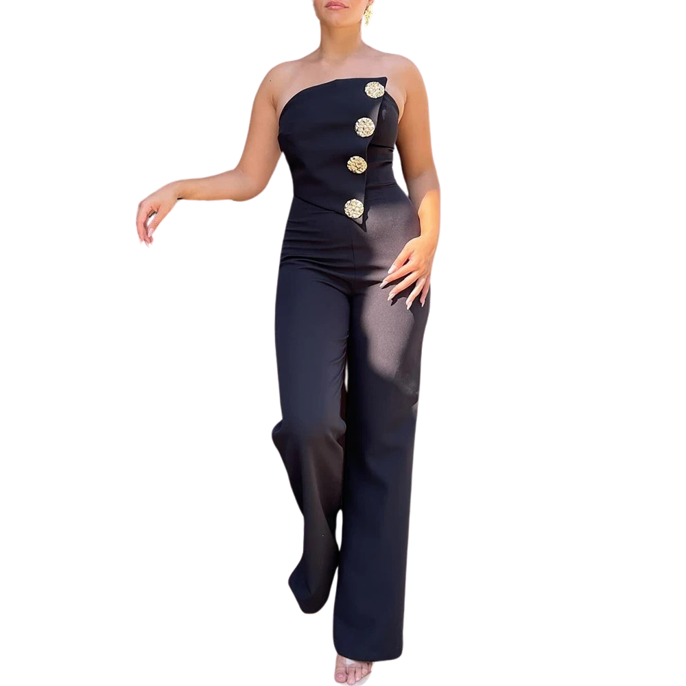 Elegant asymmetrisk jumpsuit til dame, perfekt for fest og motebevisste.